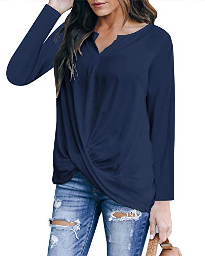 YOINS Blusa de Manga Larga para Mujer, Sexy, Cuello en V, Parte Delantera, Lisa, Chaleco para Mujer A-Manga Larga-Azul XXL