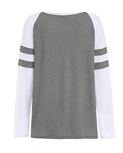 YOINS Camiseta de Manga Larga para Mujer Camisas con Rayas Cuello Redondo Casual Blusas Elegante Tops Gris M