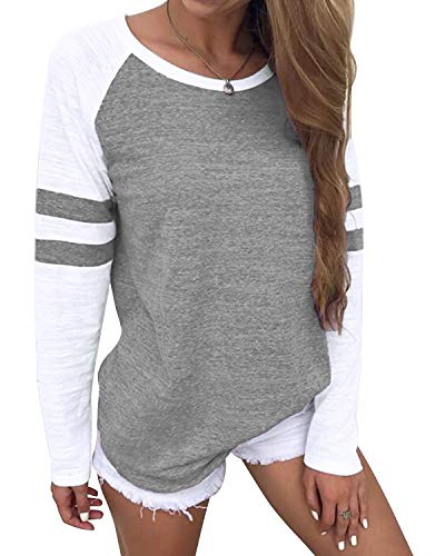 YOINS Camiseta de Manga Larga para Mujer Camisas con Rayas Cuello Redondo Casual Blusas Elegante Tops Gris M