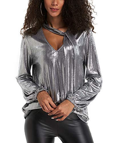 YOINS Camiseta Manga Larga Mujer Camisa Cuello V Blusa Brillante Metálico Sexy Tops Mangas Acampanadas Plata EU40-42