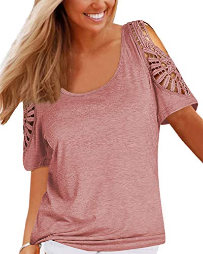 YOINS Camisetas de mujer de verano de manga corta elegante para mujer camiseta de algodón básica camisa casual top Rosa XL