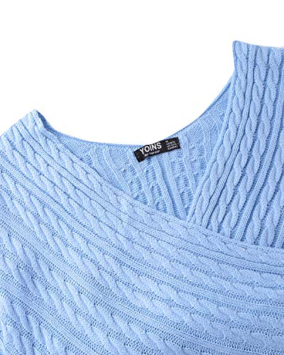 YOINS Jersey Punto Mujer Invierno Suéter Cuello en V Jerséis Manga Larga Camiseta Basico Suelto Cruzado Jerseys Camisa Tops Pull-Over Suéter Mujer Primavera Otoño Azul claro-01 S