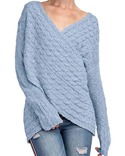 YOINS Jersey Punto Mujer Invierno Suéter Cuello en V Jerséis Manga Larga Camiseta Basico Suelto Cruzado Jerseys Camisa Tops Pull-Over Suéter Mujer Primavera Otoño Azul claro-01 S