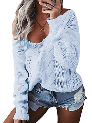 YOINS Mujer Suéter Fuera del Hombro Suéter con Cuello En V Suéter Hueco Jersey De Punto De Manga Larga Casual Pullover Azul Claro S