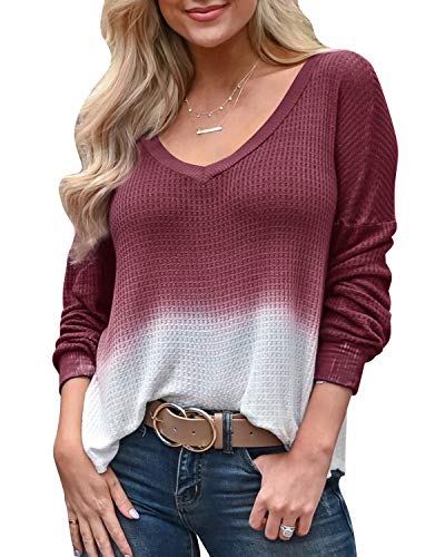 YOINS Mujer Suéter Manga Larga Pullover Gradiente Jersey con Cuello En V Suéter Camiseta Deportiva Casual Top Primavera Y Verano Azul XXL