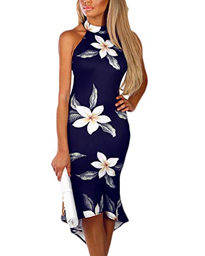 YOINS Vestido de verano para mujer, largo hasta la rodilla, cintura alta, sin mangas, cuello halter Flor 03. L