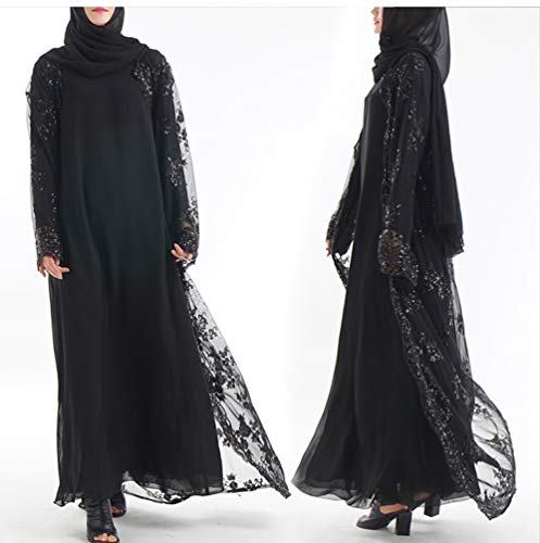 YuanDian Musulmana Vestidos Largos Islámica Mujeres Ropa Elegante Manga Larga Vestidos Musulmán Maxi Abaya Vestido Bordado con Lentejuelas Rebeca Vestido Negro L