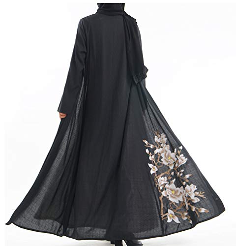 YuanDian Musulmana Vestidos Largos Islámica Mujeres Ropa Elegante Manga Larga Vestidos Musulmán Maxi Abaya Vestido Rebeca Cintura Alta Bordado Vestido Negro L