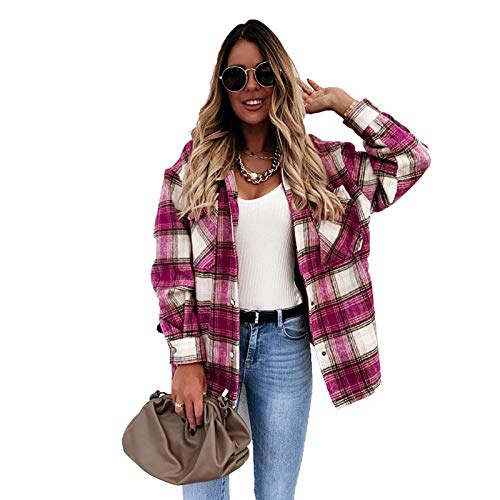 Yuanxianglong Chaqueta De Camisa De Mezcla De Lana A Cuadros para Mujer, Chaqueta Informal De Manga Larga con Botones, Abrigo Suelto con Cuello De Solapa De Moda 2021 (Rosa Roja)