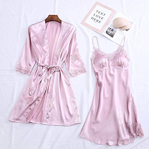 YUHOOE Pijama Seda Mujer,4 Piezas De Satén Ropa De Dormir Kimono Robe Gown Pijama Femenino Traje Ropa Interior Íntima Casual Novia Dama De Honor Regalo De Boda Camisón Sexy Rosa, XXL