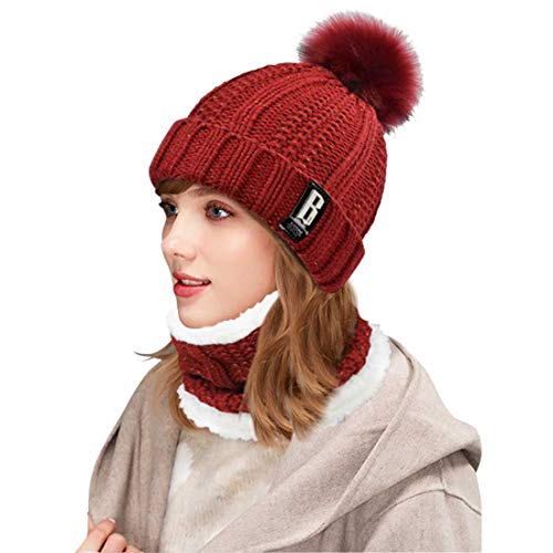 Yuson Girl Conjunto de gorro y bufanda de punto, forro polar de invierno, forro de lana Beanie Hat, calentadores de cuello para mujeres (Vino rojo)