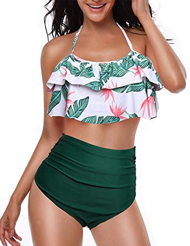 Yuson Girl Mujer Conjunto De Frill Bikini Tiras Talle Alto Tallas Grandes Sexy Traje De Baño Cuello Halter Vintage Vientre Plano con Volantes Top Bikini Push Up Flores Braga Triangulo Alta