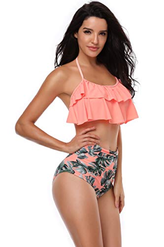 Yuson Girl Mujer Conjunto De Frill Bikini Tiras Talle Alto Tallas Grandes Sexy Traje De Baño Cuello Halter Vintage Vientre Plano con Volantes Top Bikini Push Up Flores Braga Triangulo Alta