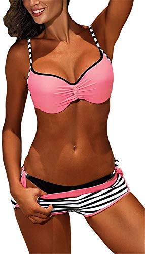 Yutdeng Mujer Trajes de Baño con Relleno Push Up Conjuntos de Tops de Bikini Tangas y Rayas Traje de Baño Bragas Sexy 3 Piezas para Playa Natacion Piscina