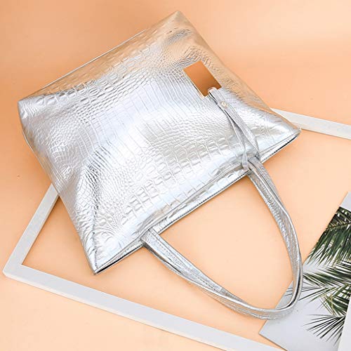 YWLINK Bolso Bandolera De Gran Capacidad En Color SóLido Retro Europeo Y Americano Con PatróN Bandolera Bolso De Mano Fiesta De Bodas Bolsa De Playa Bolsillo PortáTil Trabajo Bolso Tote(Plata)