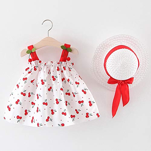 YWLINK NiñAs 2PC Verano Vestido Sin Mangas con Estampado De Cereza con Volantes Vestido De Princesa+Sombrero De Paja Lindo Ropa De NiñOs Muy Bonito Regalo(Rojo,18-24 Months/90/9/10)