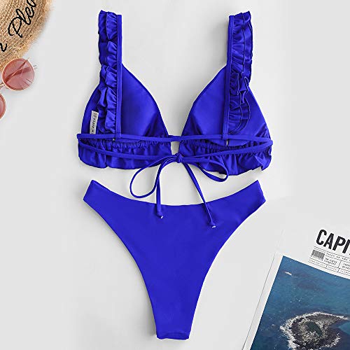 ZAFUL Bikini acolchado para mujer, triangular, con volantes y corbata de corte alto. azul S