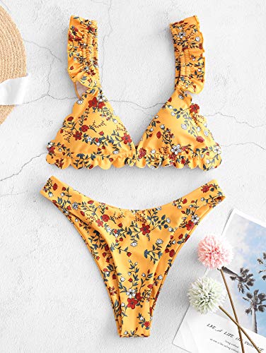 ZAFUL - Bikini acolchado para mujer, triangular, copa y volantes, corbata de corte alto amarillo S