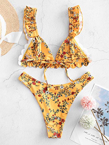 ZAFUL - Bikini acolchado para mujer, triangular, copa y volantes, corbata de corte alto amarillo S