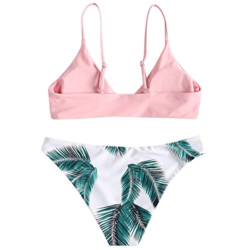 Zaful Bikini acolchado push-up para mujer con diseño de hojas Rosa. M