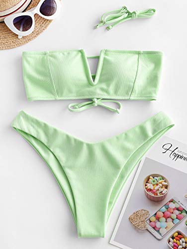 ZAFUL Bikini de corte alto para mujer con lazo. verde claro S