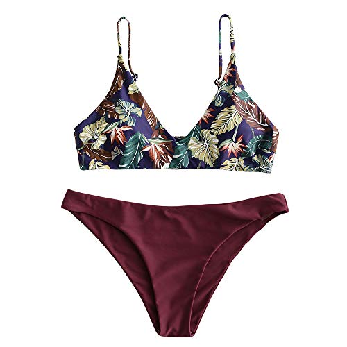 ZAFUL - Bikini para mujer, de 2 piezas, diseño de hoja tropical rojo vino M