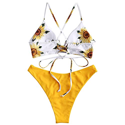 Zaful - Conjunto de bikini acolchado con diseño de girasol, tirantes con cordones amarillo L