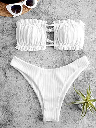 ZAFUL Conjunto de bikini acolchado para mujer, de un solo color, con nudos, cintura baja, sexy, tanga de verano Blanco L