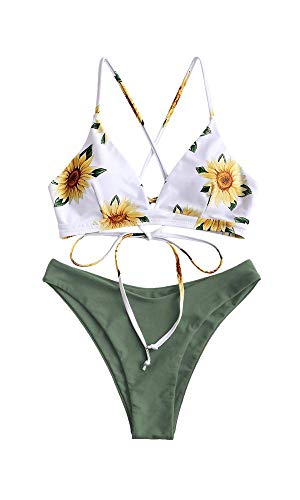 ZAFUL Conjunto de Bikini con Relleno Push Up Triangular Busto Ajustable con Tirantes Cruzados Traseros Estampado Talle Bajo (Margarita-Verde, M)