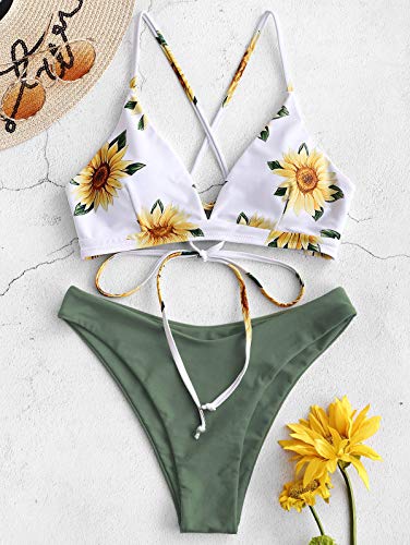 ZAFUL Conjunto de Bikini con Relleno Push Up Triangular Busto Ajustable con Tirantes Cruzados Traseros Estampado Talle Bajo (Margarita-Verde, M)