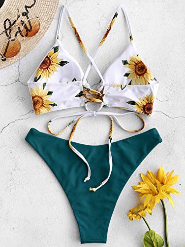 ZAFUL Conjunto de Bikini con Relleno Push Up Triangular Busto Ajustable con Tirantes Cruzados Traseros Estampado Talle Bajo (Margarita-Verde Oscuro, S)