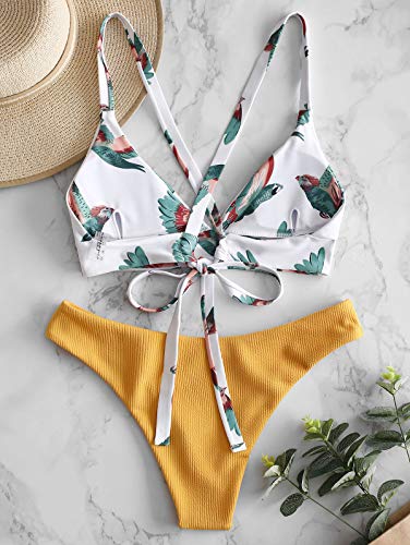 ZAFUL Conjunto de Bikini con Relleno Push Up Triangular Busto Ajustable con Tirantes Cruzados Traseros Estampado Talle Bajo (Pájaro-Amarillo, L)