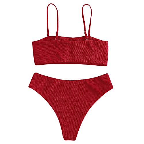 ZAFUL Conjunto de bikini con textura bandeau para mujer con correas extraíbles, corte alto, traje de baño de dos piezas