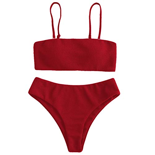 ZAFUL Conjunto de bikini con textura bandeau para mujer con correas extraíbles, corte alto, traje de baño de dos piezas