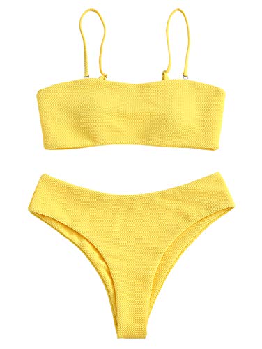 Zaful - Conjunto de bikini con tirantes, acolchado y texturizado para mujer amarillo-1 S