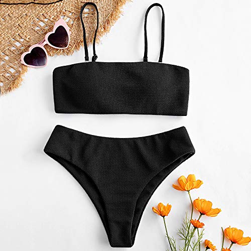 Zaful - Conjunto de bikini con tirantes, acolchado y texturizado para mujer Negro XL