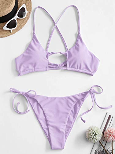 ZAFUL Conjunto de bikini de cintura baja para mujer con tirantes finos, corte cortado, sólido morado S