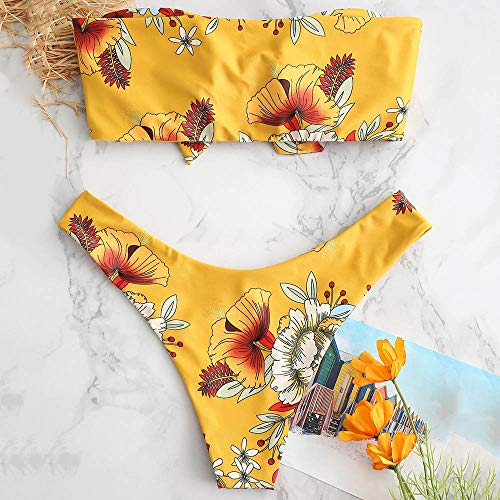 ZAFUL - Conjunto de bikini de dos piezas sin tirantes para mujer con nudo frontal, estampado floral