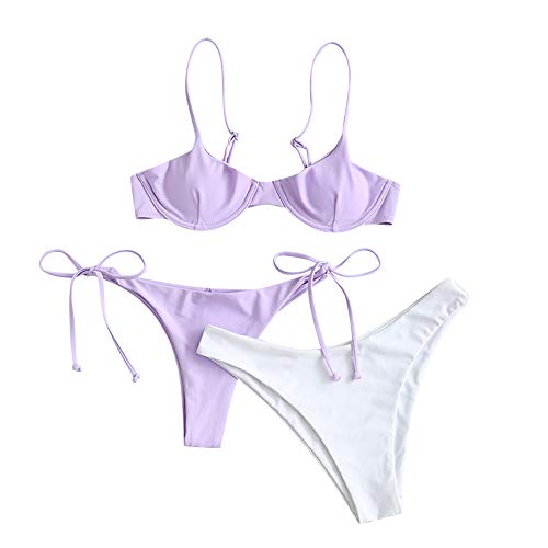 ZAFUL - Conjunto de bikini para mujer, parte superior con aros, push-up, escote balconette e inferior tipo tanga con lazos en los laterales Morado de tres piezas. S