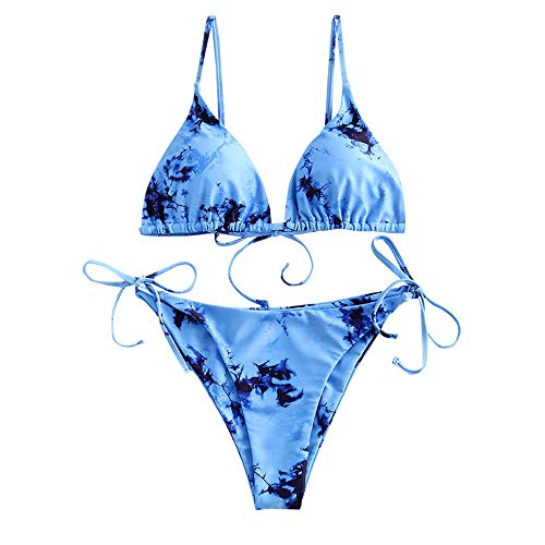 ZAFUL Mujer Bikini Conjunto, Copa Triangular de Encaje con Estampado Tie Dye (Azul, S)