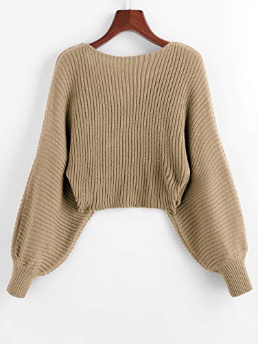 ZAFUL Sudadera de punto para mujer, sexy, cuello en V, manga larga, asimétrica, con espalda descubierta, cosecha caqui L