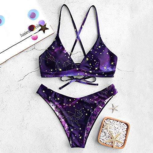 ZAFUL - Traje de baño acolchado para mujer, en diseño de galaxia, con tirantes, juego de bikini morado L