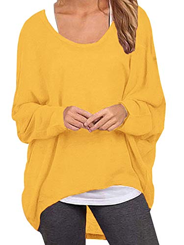 ZANZEA Mujer Camiseta Manga Larga Jersey Manga Murciélago Sexy Suéter Suelta Irregular Sudadera Casual 01-Amarillo 3XL