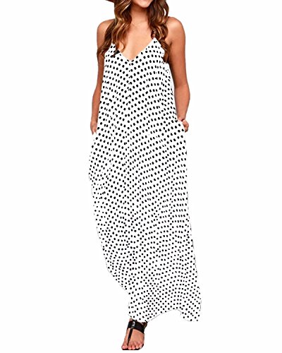 ZANZEA Mujeres Elegante Bohemio Algodón Casual Vestido Suelto Largo Playa Lunares Cuello V sin Mangas Blanco EU 36