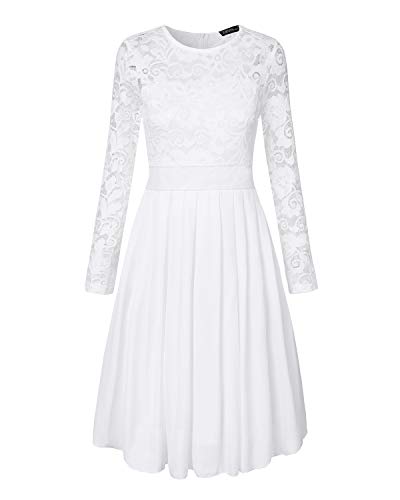 ZANZEA Vestido de Fiesta Encaje Manga Larga Mujer Tallas Grandes Elegant Vestido de Cóctel de Noche Cortos 02-Blanco M