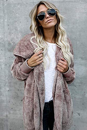 Zilcremo Mujer Lana Chaqueta Cárdigan con Capucha Frente Abierto Abrigo Fleece de Piel Sintética Invierno Purplish Brown XXL