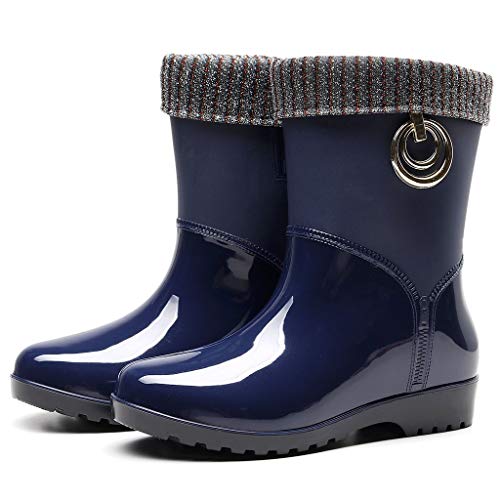 ZODOF Botas de Agua Mujer Estilo Punk Tubo Medio Calentar Botas de Nieve De Las Mujeres Antideslizante Botas de Lluvia Al Aire Libre Zapatos de Agua para Otoño e Invierno(Azul,38 EU)