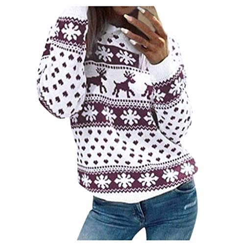 ZODOF Jersey Reno Navidad Mujer Punto Floral Imprimir Cuello Redondo Blusa de Manga Larga con Estampado de Alce para Mujer Vacaciones Fiesta Pullover Tops Sueter de Navidad