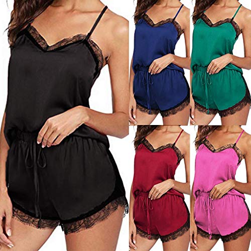 ZODOF Lenceria Mujer Ropa de Dormir de Las Mujeres Sin Mangas Correa Ropa de Dormir Cordón Adorno Satinado Cami Parte Superior Conjuntos de Pijamas Liguero Lenceria Mujer Sexy(XL,Negro)