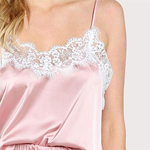 ZODOF Lenceria Mujer Ropa de Dormir de Las Mujeres Sin Mangas Correa Ropa de Dormir Cordón Adorno Satinado Cami Parte Superior Conjuntos de Pijamas Liguero Lenceria Mujer Sexy(S,Rosado)